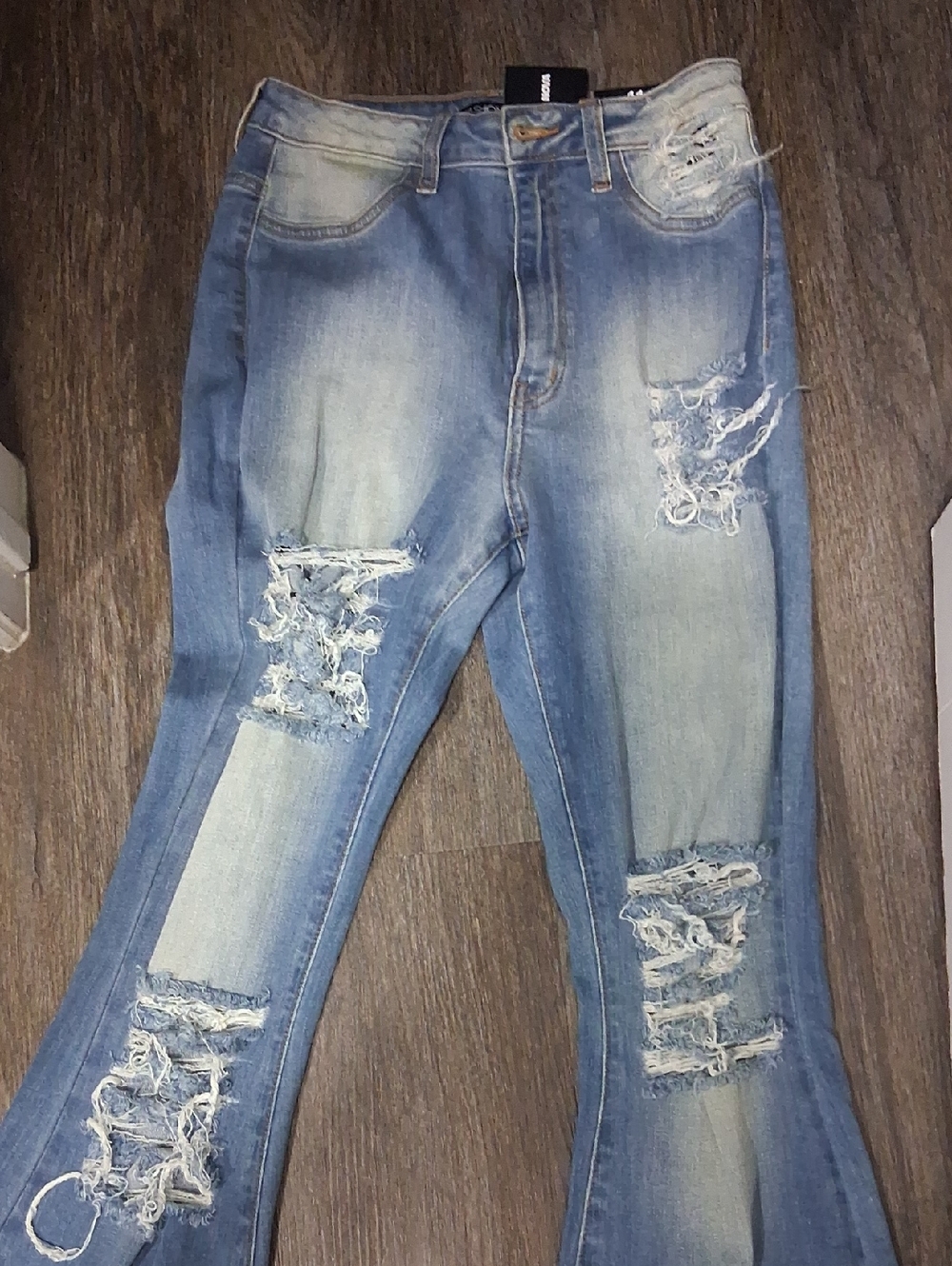 Fashion Nova Light Blue Distressed Flare Jeans